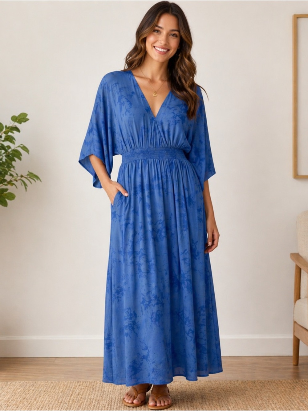 Khush Blue Boho Maxi Dress M | Smocked Waist V-Neck Flowy Resort Vacation